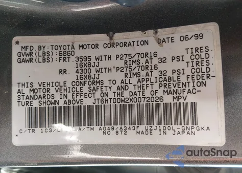 1999 Lexus Lx 470 z USA, uszkodzony, nr VIN JT6HT00W2X0072026